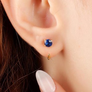 Sapphire Stone Dainty Huggie Earrings, Silver Tiny Open Studs Earring, Dark Blue Sapphire Earring, Statement Handmade Hoops Earrings, Gifts
