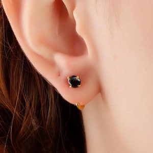 Black Onyx Gold Dainty Earrings, Silver Gold Open Huggie Earring Jewelry, Handmade Statement Studs Earrings, Black Stone Hoop Tiny Earring