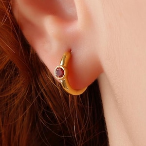 Minimalist Garnet Stone Gold Hoop Earrings, Silver Bezel Huggie Tiny Stud Earrings, Dainty January Garnet Birthstone Earrings, Rose Earring