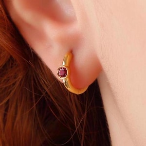Bezel Ruby Stone Hoop Huggie Earrings, Yellow Gold Tiny Studs Earrings, Unique July Birthstone Handmade Jewelry, Gemstone Hoops Earrings
