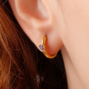 Amethyst Stone Bezel Gold Huggie Earrings, Minimalist Tiny Small Studs Earring, February Birthstone Earring Jewelry, Dainty Hoops Earrings