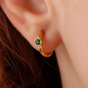 Dainty Bezel Emerald Stone Huggie Earrings, May Birthstone Emerald Gold Hoops Earring, Handmade Silver Tiny Studs Earrings, Gemstone Earring