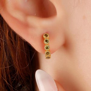 Dainty Peridot Stone Birthstone Hoops Earrings, Minimalist Handmade Gold Huggie Earrings, Silver Gemstone August Tiny Studs Earrings, Gifts