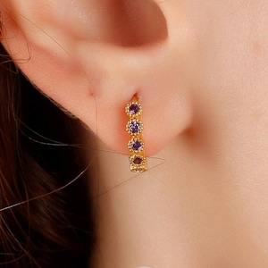 Minimalist Amethyst Stone Gold Huggie Earrings, Dainty Birthstone February Silver Hoop Earrings, Unique Handmade Earring, Tiny Stud Earrings