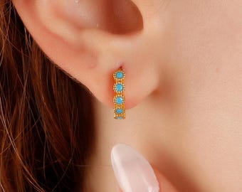 Minimalist Turquoise Stone Hoops Earrings, Delicate Turquoise Huggie Earrings, Handmade Silver Small Studs Earrings, Dainty Gold Hoops, Gift