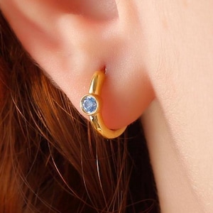 Dainty Bezel Blue Topaz Stone Huggie Earrings, Tiny Small Hoop Earring Jewelry, December Birthstone Gold Studs Earrings, Gemstone Earrings
