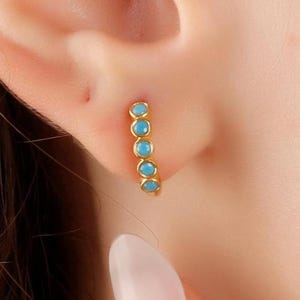 Turquoise Stone Bezel Gold Hoops Earrings Jewelry, Modern Dainty Silver Huggie Earrings, Unique Turquoise Gemstone Bezel Studs Earring, Gift