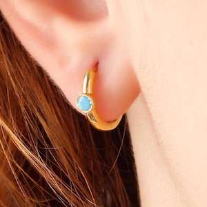 Minimalist Bezel Turquoise Gold Hoops Earrings, Handmade Dainty Silver Huggie Earrings, Unique Turquoise Gemstone Bezel Studs Earring, Gifts