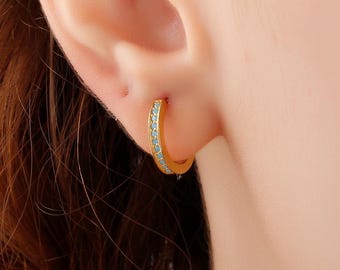 Turquoise Stone Delicate Silver Tiny Hoops Earrings, Minimalist Gold Unique Turquoise Huggie Earrings, Handmade Small Dainty Studs Earrings
