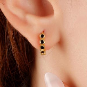 Black Onyx Stone Silver Hoop Earrings, Dainty Yellow Gold Huggie Earrings, Delicate Diamond Black Small Stud Earrings, Tiny Studs Earrings