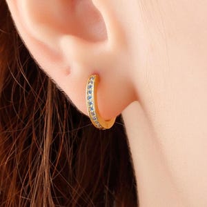 Aquamarine Stone Delicate Huggie Birthstone Earrings, Minmalist Light Blue Aquamarine Hoops Earrings, Silver Gold Statement Studs Earrings
