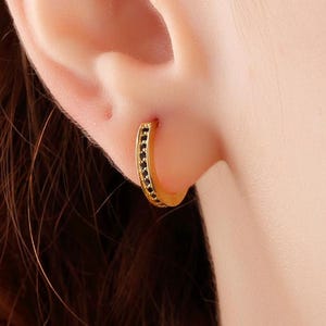 Black Stone Minimalist Yellow Gold Huggie Earrings, Dainty Onyx Silver Hoops Earrings, Handmade Tiny Small Black Stone Studs Earrings, Gifts
