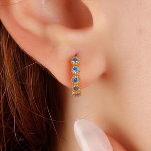 Blue Topaz Birthstone Dainty Gold Huggie Earrings, Unique December Silver Hoops Earring, Handmade Minimalist Tiny Studs Earrings, Gold Ear