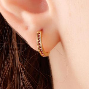 Garnet Stone Dainty Gold Hoops Earrings, Statement Silver Huggie Earrings, Minimalist Rose Gold Handmade Jewelry, Gemstone Earrings, Gifts