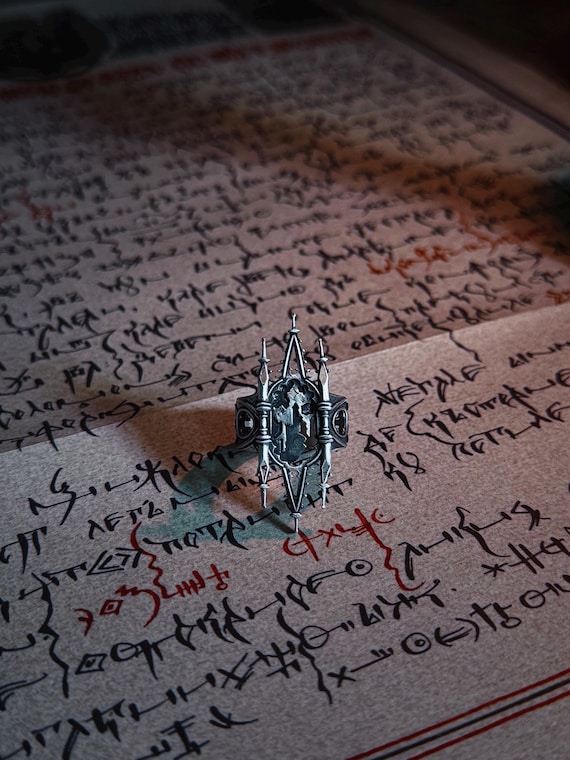 Nosferatu Castle silver gothic ring, gothic architecture
