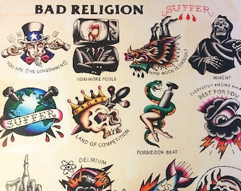 Op de afbeelding: Een kleurrijk tattoo-flashsheet met illustraties van schedels, een wolf, een slang en andere afbeeldingen. Het blad bevat de tekst "Bad Religion" en "Suffer" in vetgedrukte, zwarte letters.