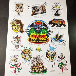 Puede incluir: Una hoja de flash de tatuaje tradicional con varios diseños. La obra de arte incluye un ojo llorando, un televisor roto, un pájaro en una jaula, un oso con una silueta de ciudad, un revólver, una calavera con llamas y el texto "NO USE FOR A NAME".