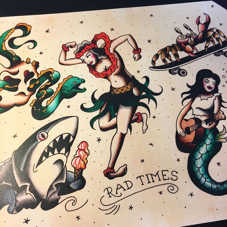 May include: A vintage-style illustration featuring a hula dancer, a shark eating ice cream, a mermaid playing a guitar, and a crab riding a skateboard. The illustration is done in a traditional tattoo style with bold lines and bright colors. The text "RAD TIMES" is written in a stylized font.