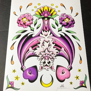 Flash tattoo-tattoo vleermuis, hartjes en bloemen