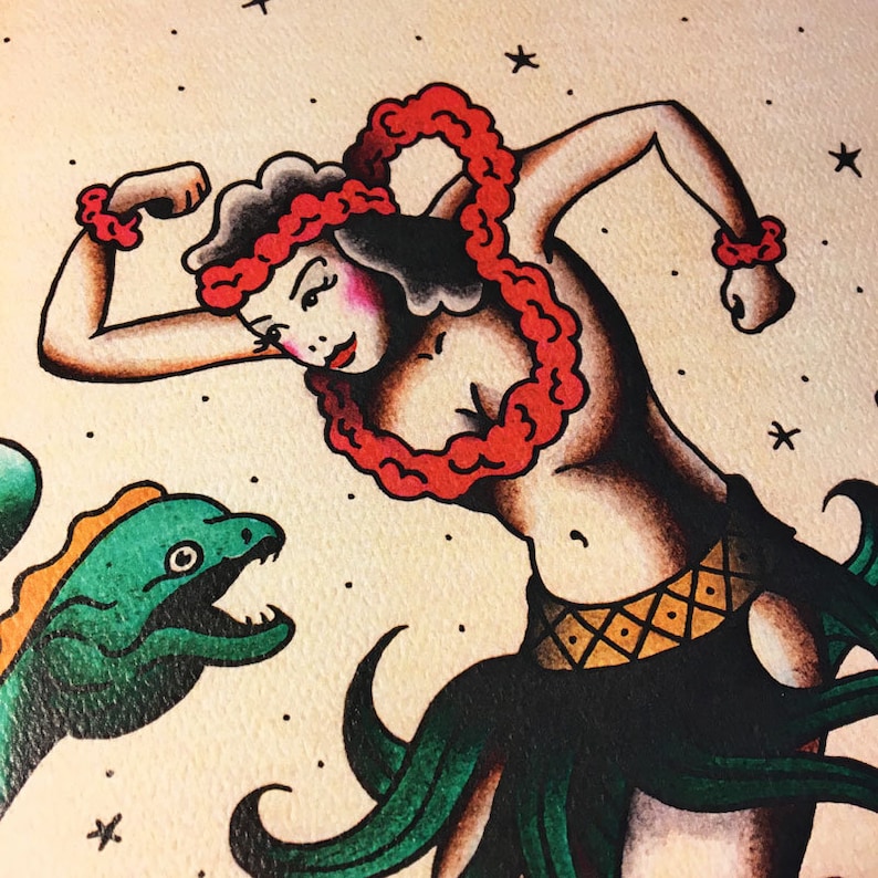 May include: A traditional tattoo style illustration of a woman wearing a red flower lei and a green grass skirt, dancing with a green and yellow moray eel. The woman has a red flower lei around her neck and wrists. The background is a light beige with white stars.