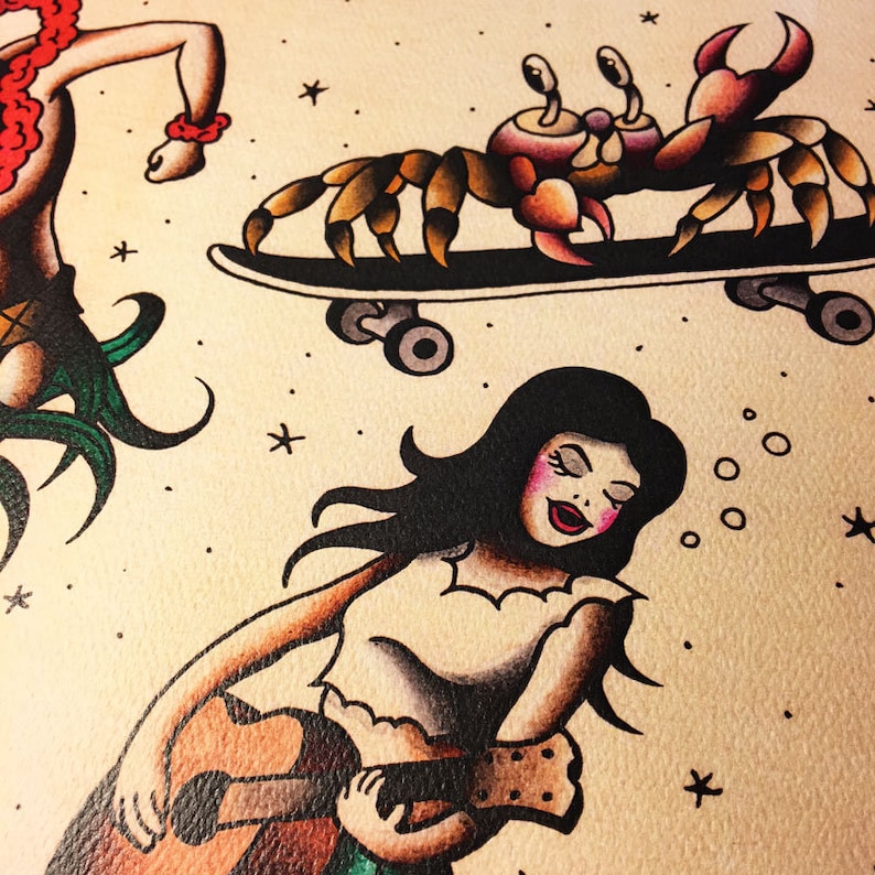May include: A traditional tattoo style illustration of a woman playing a guitar, a crab riding a skateboard, and a hula dancer. The illustration is done in black and white with red, pink, and green accents.