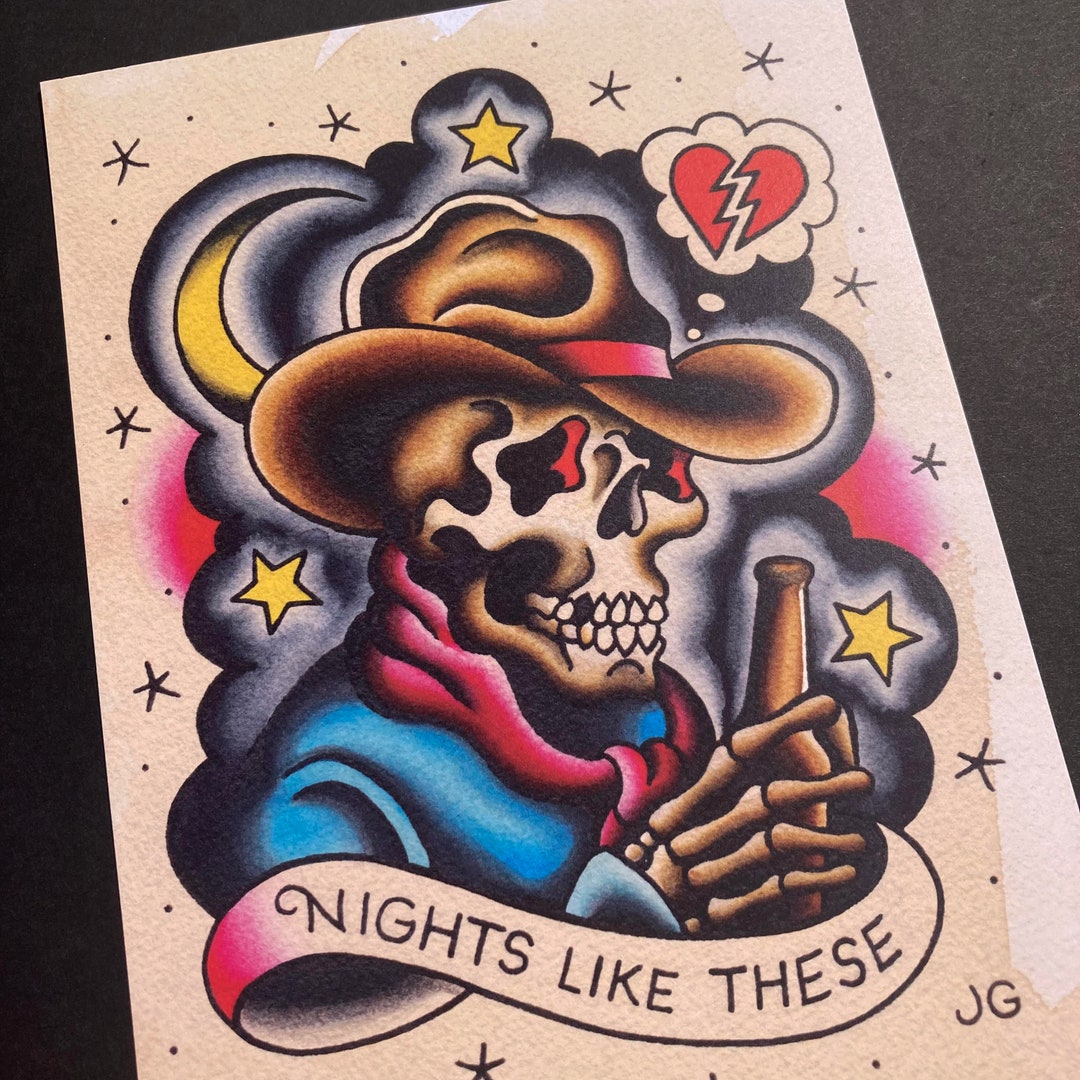 Cowboy Skull Tattoo Flash - Etsy