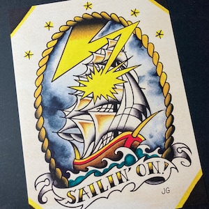 May include: A colourful illustration of a sailboat with a lightning bolt and the words "Sailin' On!" in a yellow banner. The image is surrounded by a rope border with stars.