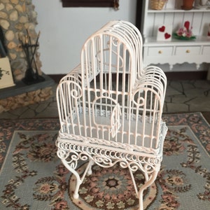 Miniature White Birdcage on Stand, Hinged Door & Wing, Dollhouse Miniature, White Metal Wire Bird cage, Dollhouse Miniature, 1:12 Scale