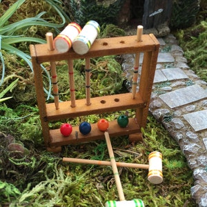 Miniature Wood Croquet Set With Removable Mallets, Dollhouse Miniature, 1:12 Scale, Home & Garden Decor, Miniature Accessory, Mini Game