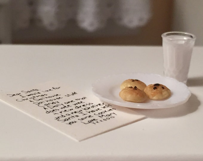 Miniature Letter to Santa With Cookies and Glass of Milk, Dollhouse Miniatures, 1:12 Scale, Holiday Decoration, Christmas Accessories