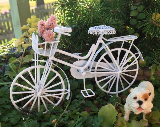 Bicycle, Miniature Dollhouse Bike, White Metal With Basket and Book Rack, Dollhouse Miniatures, 1:12 Scale, Miniature Garden Outdoor Decor