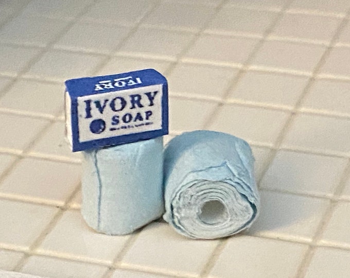 Miniature Toilet Paper Rolls and Soap, Blue Toilet Tissue and Bar of Soap, Dollhouse Miniatures, 1:12 Scale, Bathroom Decor, Accessory