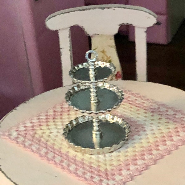 Miniature Dessert Tray, 3 Tier Silver Dessert Server Tray, Dollhouse Miniature, 1:12 Scale, Dollhouse Accessory, Dining Kitchen Decor