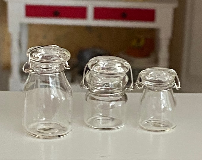 Miniature Glass Canisters, Mini Canning Jars, 3 Piece Set, Dollhouse Miniature, 1:12 Scale, Dollhouse Kitchen Decor, Accessory