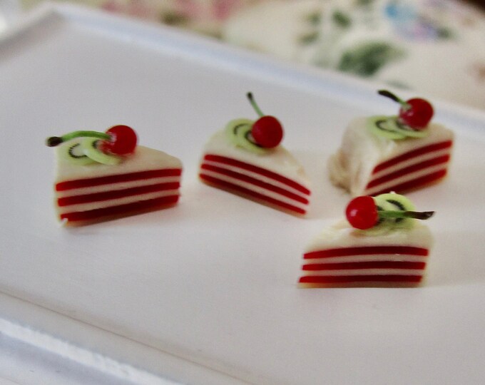Miniature Cake Slices, 4 Mini Layer Cherry Cake Slices Topped With Cherry And Kiwi, Style #21, Dollhouse Miniature Food, 1:12 Scale