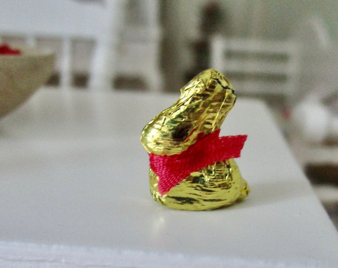 Miniature Chocolate Gold Foil Wrapped Bunny, Mini Bunny Style #35, Dollhouse Miniature, 1:12 Scale, Holiday Easter Decor, Accessory