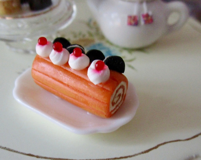 Miniature Cake, Mini Swiss Roll Cake With Cookies Cherries And Whipped Cream, Style #55, Dollhouse Miniature, 1:12 Scale, Mini Food