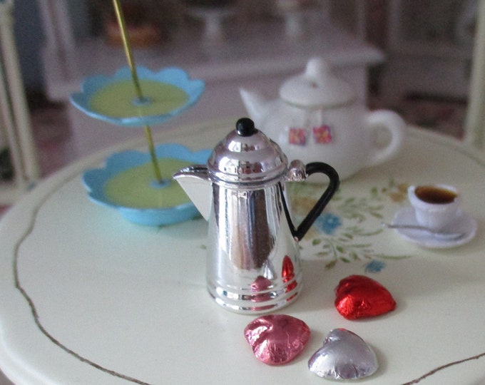 Miniature Silver Coffee Pot, Style #63, Dollhouse Miniature, 1:12 Scale, Dollhouse Kitchen Decor, Accessory