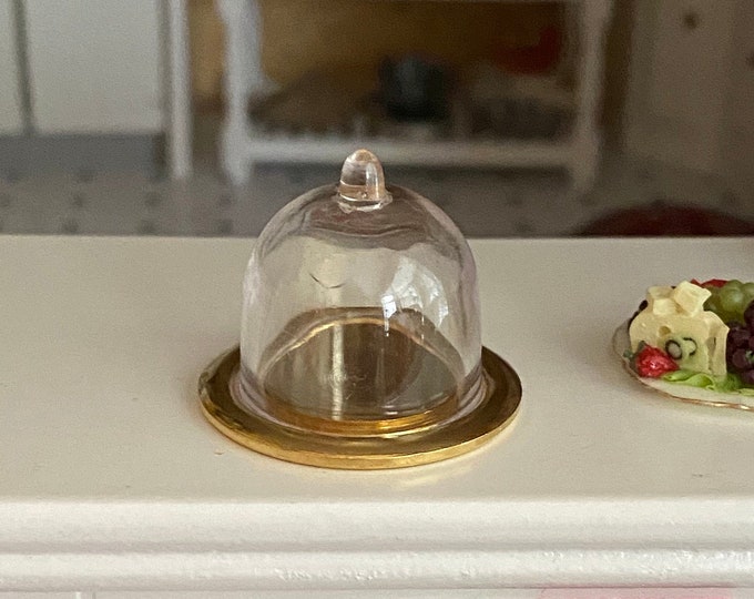 Miniature Gold Tray with Clear Dome Top, Dollhouse Miniatures, 1:12 Scale, Dollhouse Decor Accessory