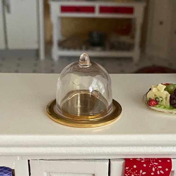 Miniature Gold Tray with Clear Dome Top, Dollhouse Miniatures, 1:12 Scale, Dollhouse Decor Accessory