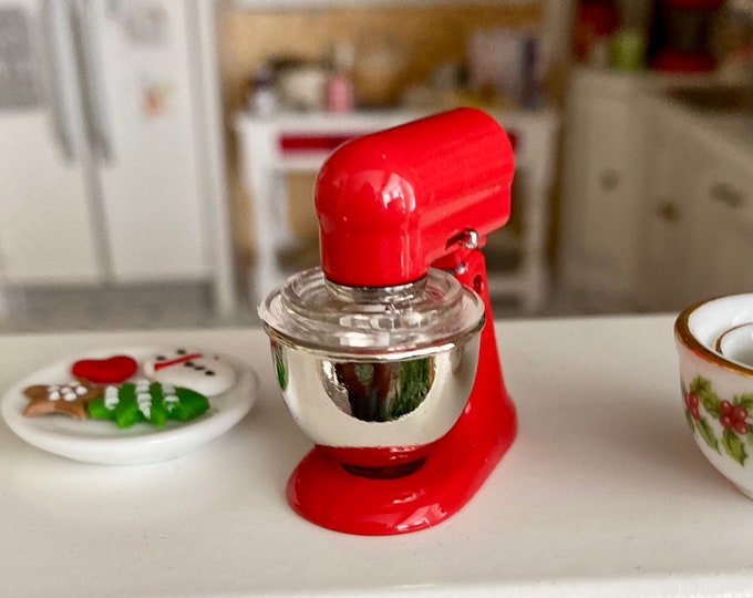 Miniature Mixer With Removable Bowl and Spatter Cover, Red Stand Mixer, Dollhouse Miniature, 1:12 Scale, Dollhouse Kitchen Decor, Accessory