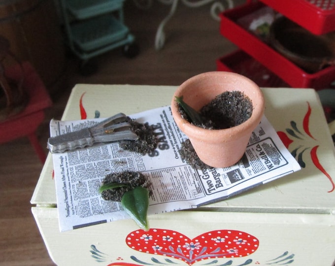 Miniature Planting Set, Mini Flower Pot, Dirt And Garden Trowel On Newspaper, Spring Planting, Dollhouse Miniature, Style #76