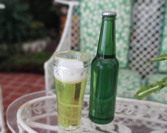 Miniature Beer Bottle And Glass Set, Mini Filled Glass With Green Beer Bottle, Style #44, Dollhouse Miniature, Dollhouse Accessory, Decor