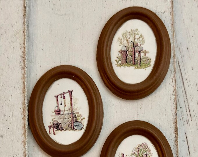 Miniature Framed Pictures, Country Prints, Wall Decor, Dollhouse Miniatures, 1:12 Scale, Dollhouse Accessory, 4 Piece Picture Set