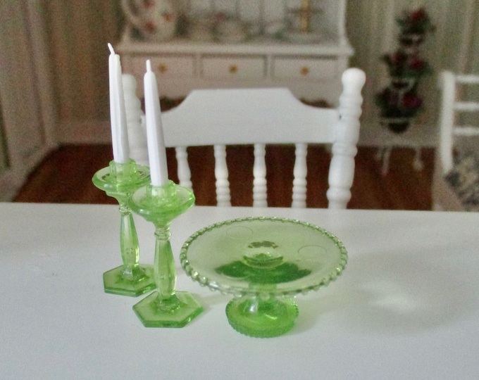 Miniature Cake Stand and Candle Set, Green Set, 2 Candles, Holders, Cake Plate Stand,  Dollhouse Miniature, 1:12 Scale, Dollhouse Accessory