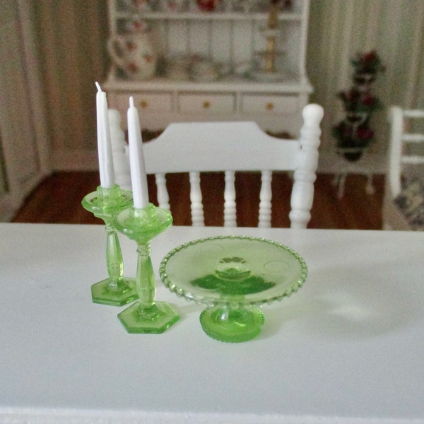 Miniature Cake Stand and Candle Set, Green Set, 2 Candles, Holders, Cake Plate Stand,  Dollhouse Miniature, 1:12 Scale, Dollhouse Accessory