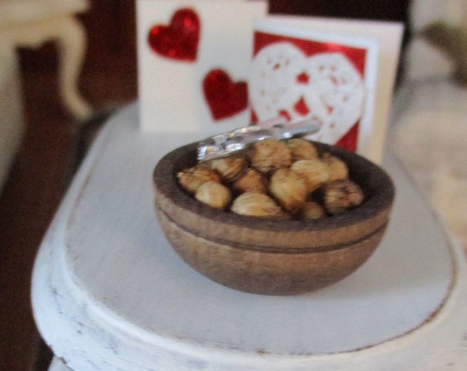 Miniature Nuts, Mini Wood Bowl With Nuts and Cracker, Style #82, Dollhouse Miniature, 1:12 Scale, Dollhouse Decor, Accessory, Mini Food