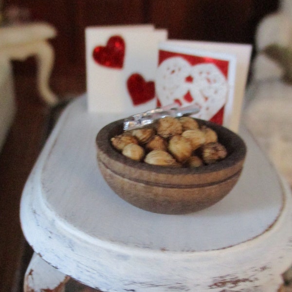 Miniature Nuts, Mini Wood Bowl With Nuts and Cracker, Style #82, Dollhouse Miniature, 1:12 Scale, Dollhouse Decor, Accessory, Mini Food