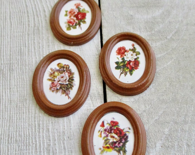 Miniature Pictures, Framed Oval Floral Rose Pictures, Style #73, Dollhouse Miniatures, 1:12 Scale, Set of 4 Pictures, Dollhouse Decor