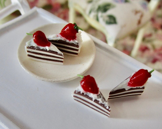 Miniature Cake Slices, 4 Mini Chocolate Vanilla Layered Strawberry Cake Slices, Style #22, Dollhouse Miniature, 1:12 Scale, Mini Food, Cake